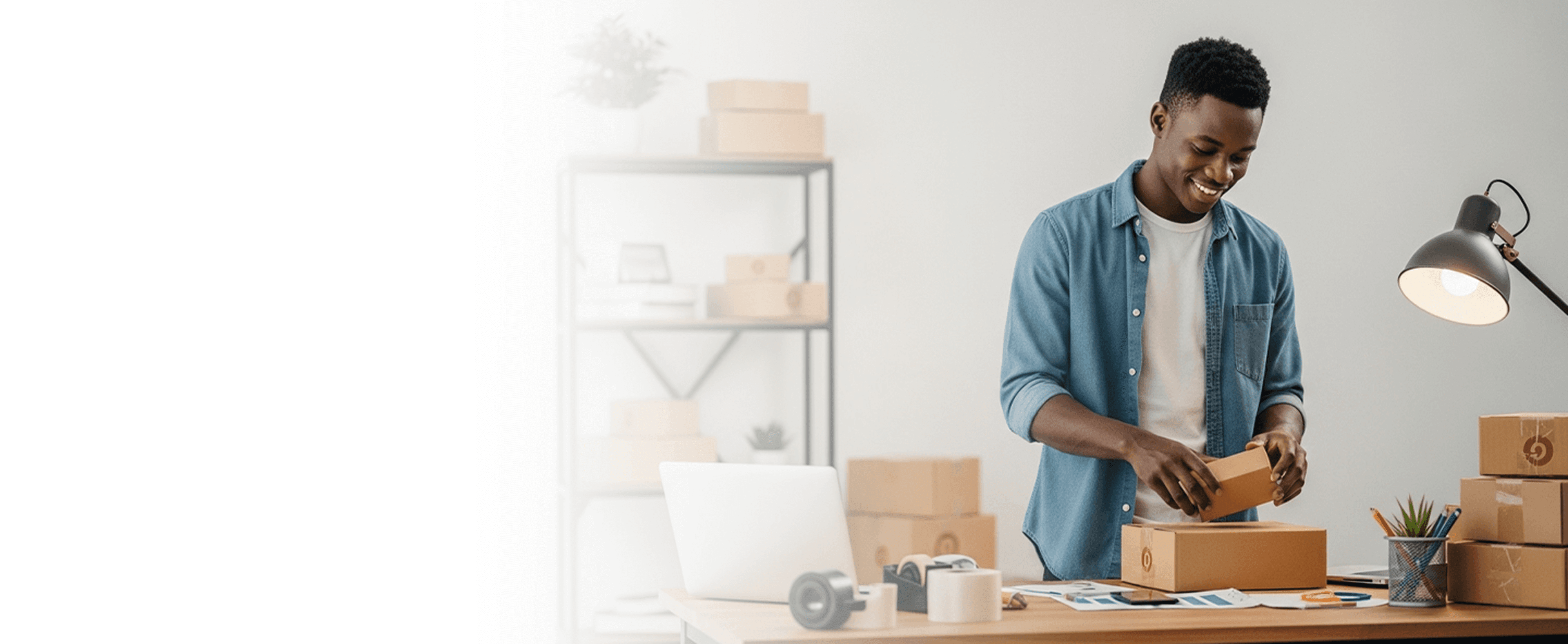A smiling vendor packing a box on a shelf filled with packages.